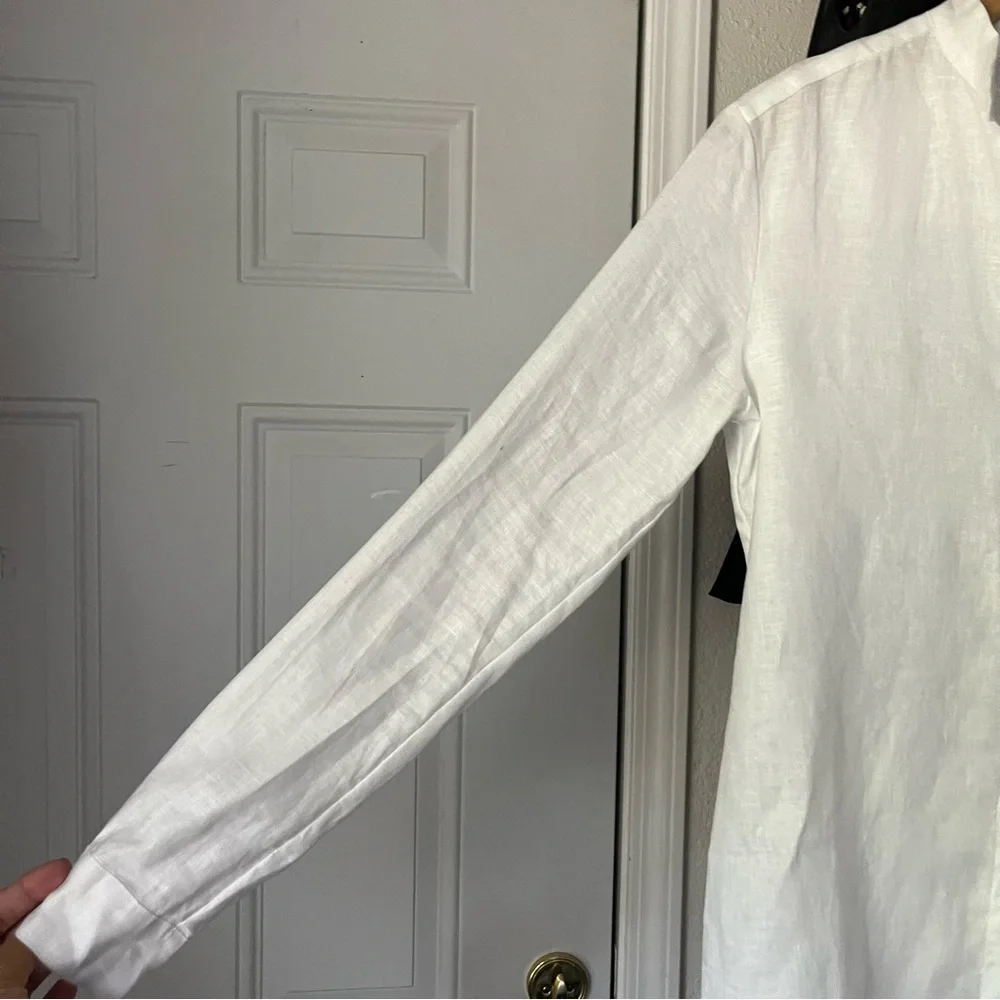 VISIBLE ART white linen mandarin collar button up long sleeve shirt‎
